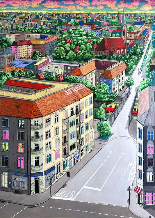 Greifbar by Greif Lazic, painting of Greifenhagener Straße in Berlin with buildings, trees, a church spire and a sunset sky, with the former gay bar Greifbar in the corner, from the series "Dialogues"